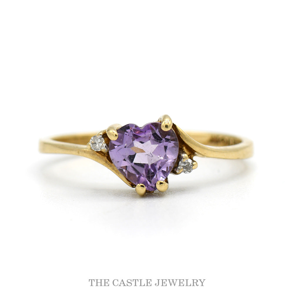 Heart Shaped Amethyst Ring with Illusion Set Diamond Accents in 10k Yellow Gold