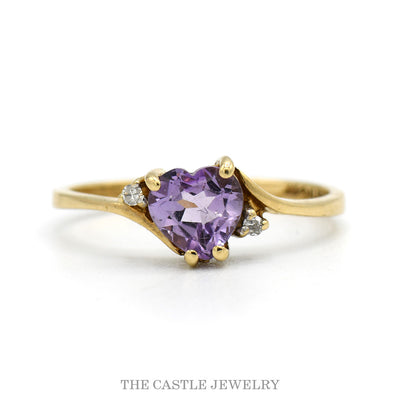 Heart Shaped Amethyst Ring with Illusion Set Diamond Accents in 10k Yellow Gold