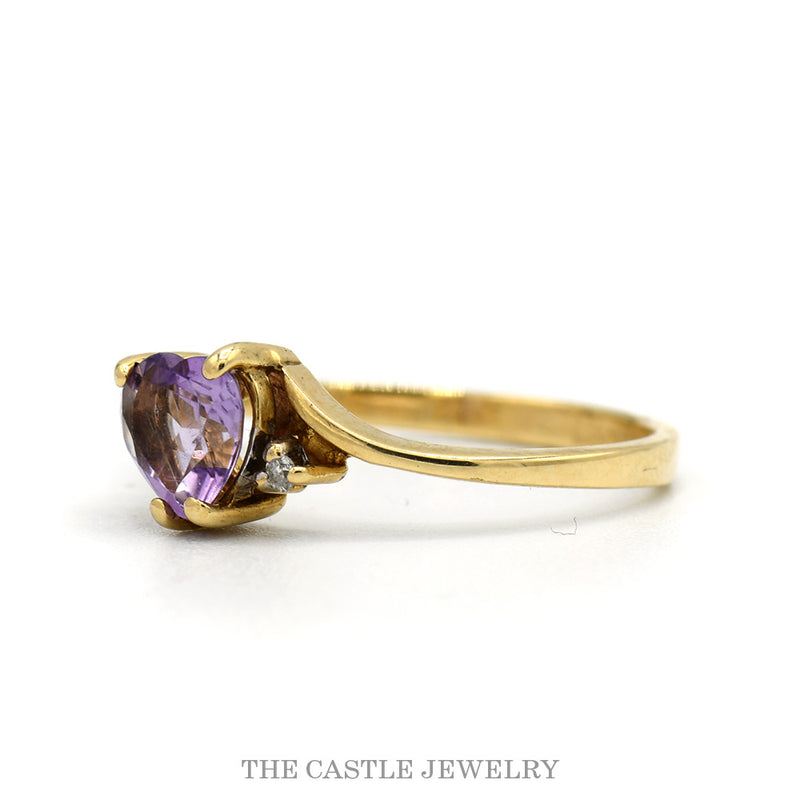 Heart Shaped Amethyst Ring with Illusion Set Diamond Accents in 10k Yellow Gold
