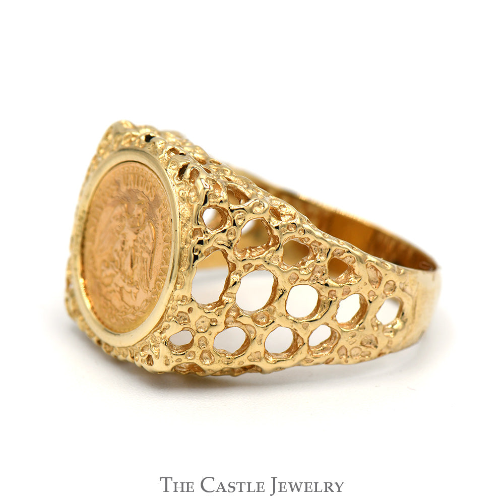 Dos Pesos Mexican Coin Ring in Open Style Nugget Designed Mounting in 10k Yellow Gold