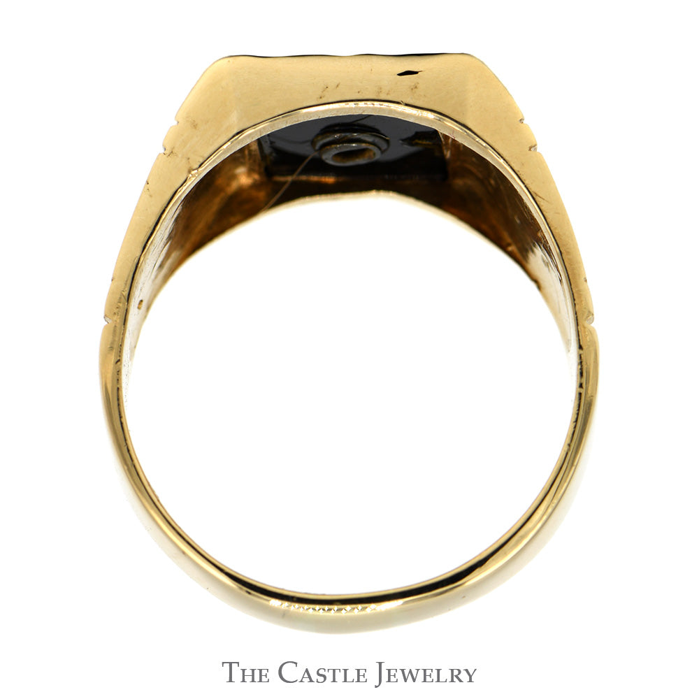 Square & Compass Black Onyx Masonic Ring with Blue Enamel Detail and Plumb & Trowel Sides in 10k Yellow Gold