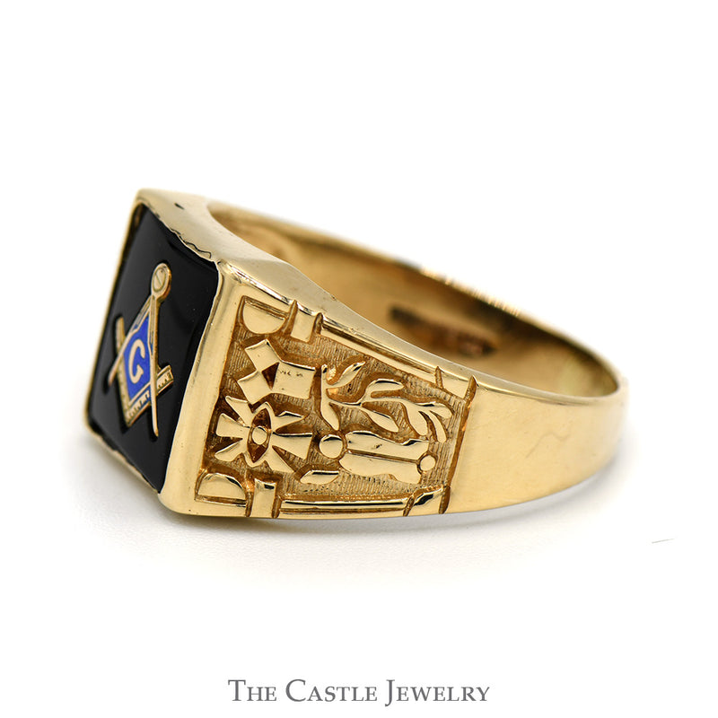 Square & Compass Black Onyx Masonic Ring with Blue Enamel Detail and Plumb & Trowel Sides in 10k Yellow Gold