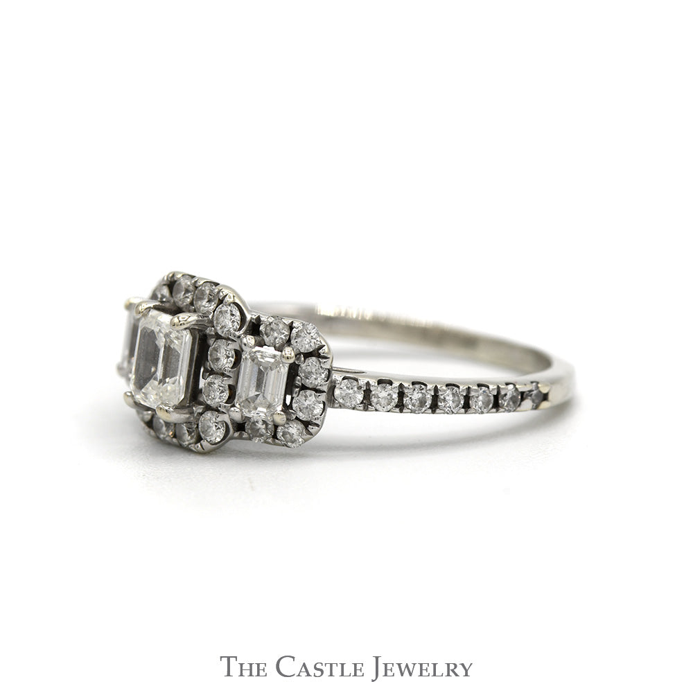 1cttw Three Stone Style Emerald Cut Diamond Ring with Diamond Halo in 14k White Gold Cathedral Mounting