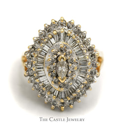 2cttw Ballerina Cluster Ring with Marquise Center & Round/Baguette Diamond Surround