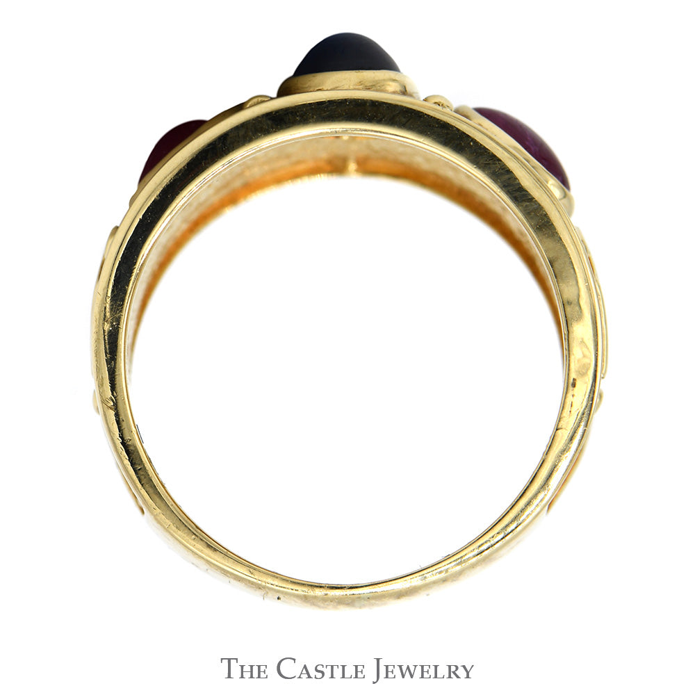 Bezel Set Cabochon Sapphire and Ruby Band with Engraved Ornate Detailing in 10k Yellow Gold