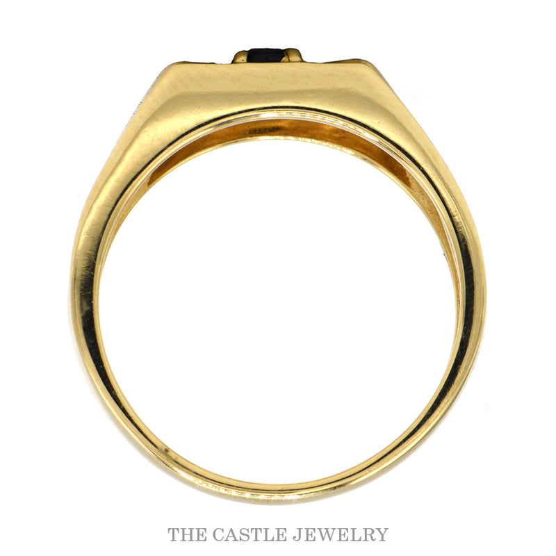 Front-facing view of the 14k yellow gold men’s sapphire ring