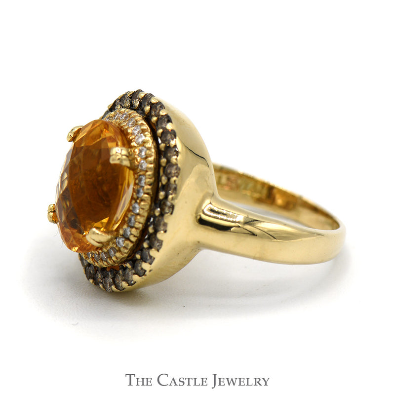 Le Vian Oval Citrine Designer Ring with Chocolate & White Diamond Halos in 14k Yellow Gold