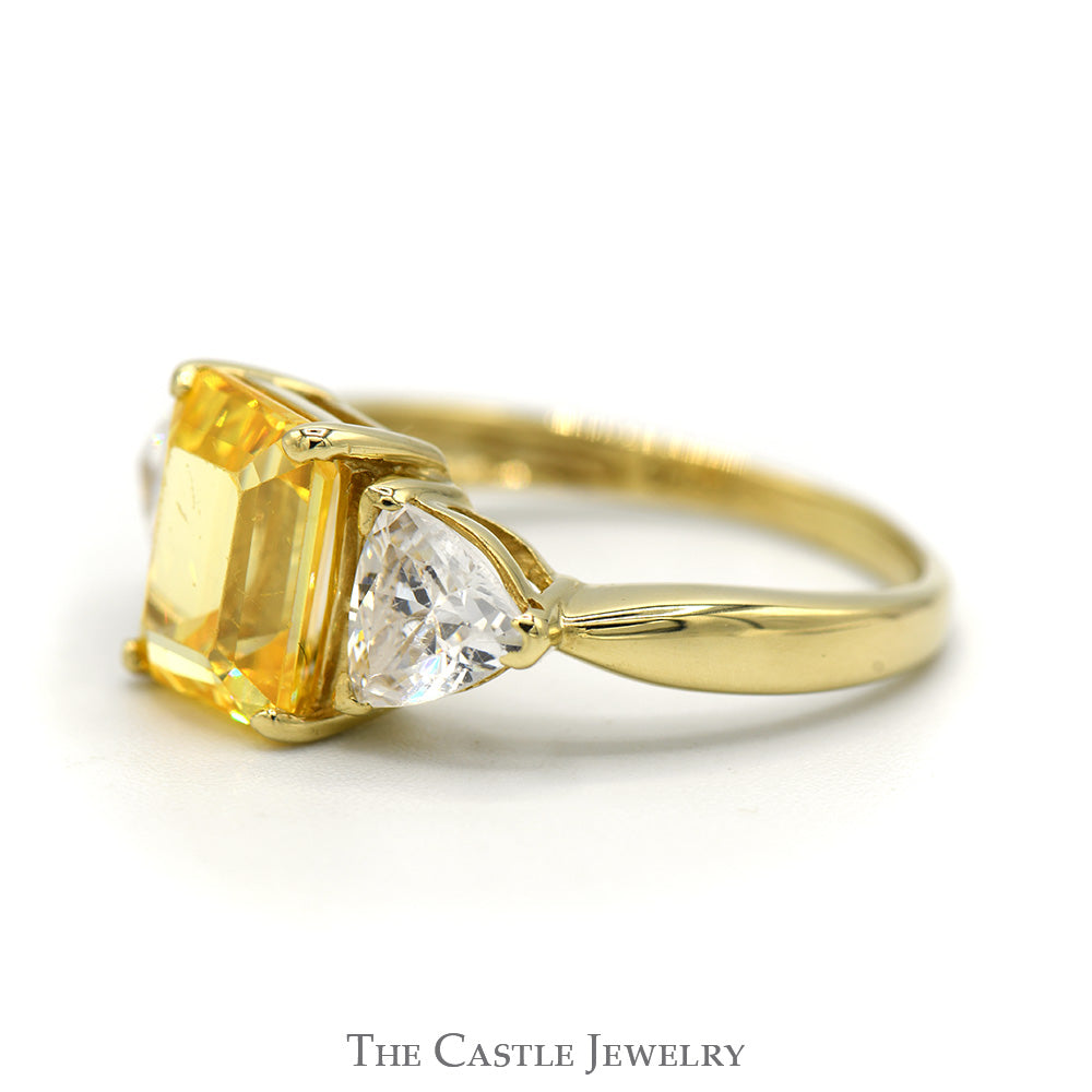 Emerald Cut Lemon Ice Ring with Trillion Cut Cubic Zirconia Accents in 14k Yellow Gold