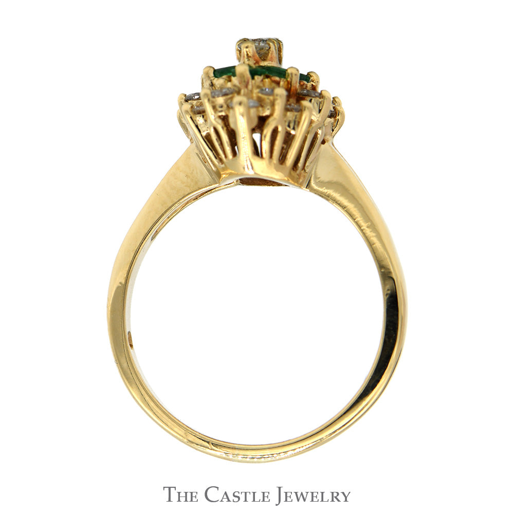 Marquise Shaped Emerald & Diamond Cluster Ring in 14k Yellow Gold