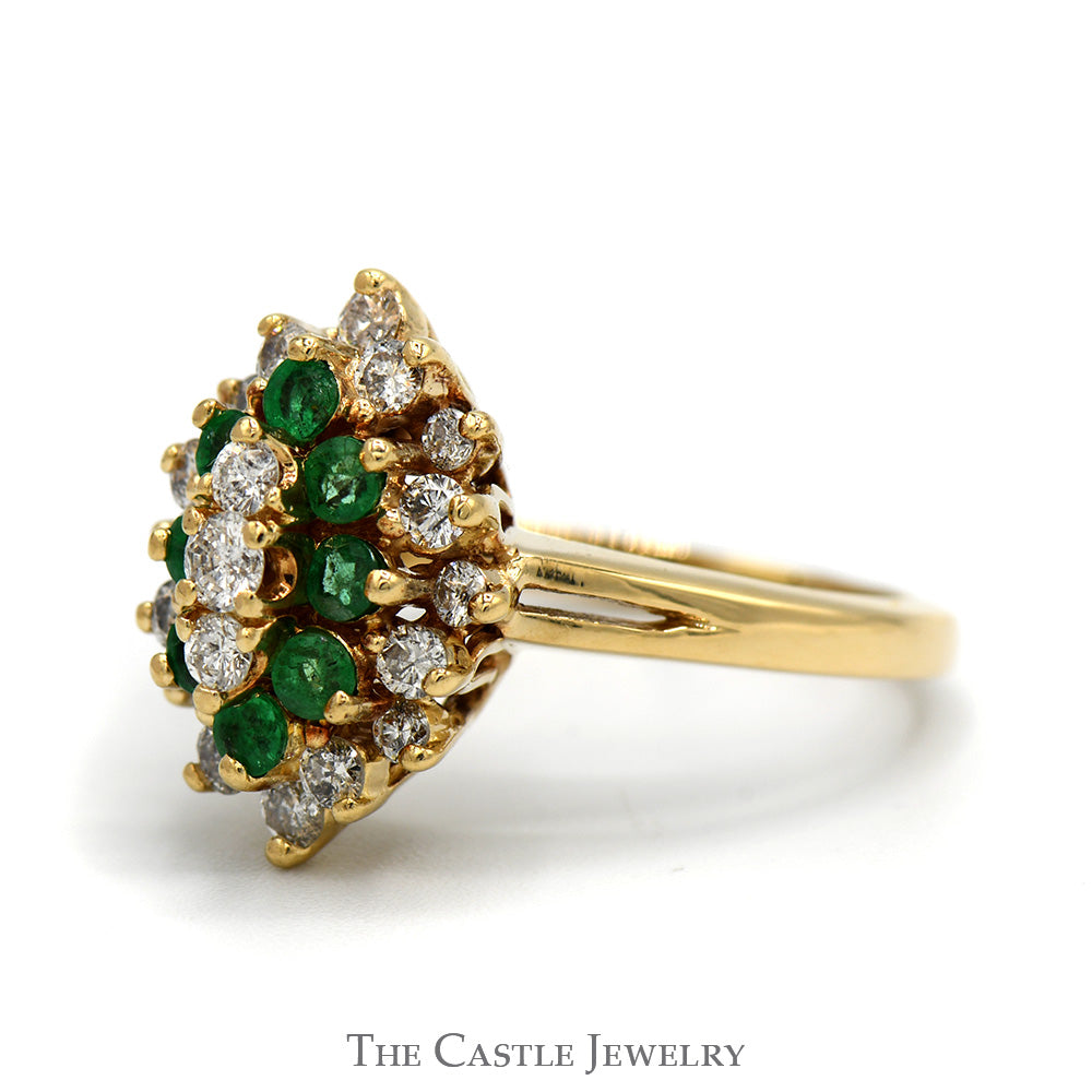 Marquise Shaped Emerald & Diamond Cluster Ring in 14k Yellow Gold