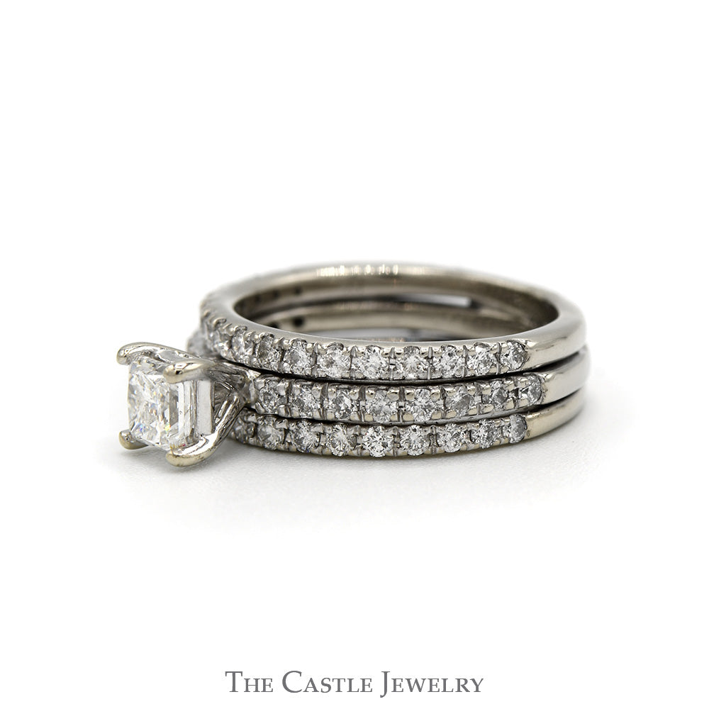 1.25cttw Princess Cut Diamond Soldered 3 Piece Bridal Set with Diamond Accents in 10k White Gold