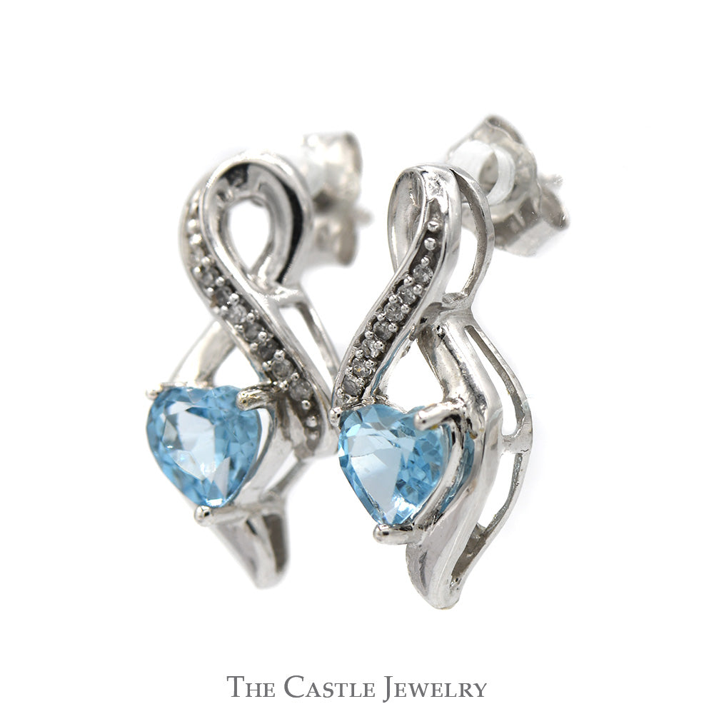 Heart Shaped Blue Topaz Earrings with Diamond Accented Twisted Drop Design in 10k White Gold
