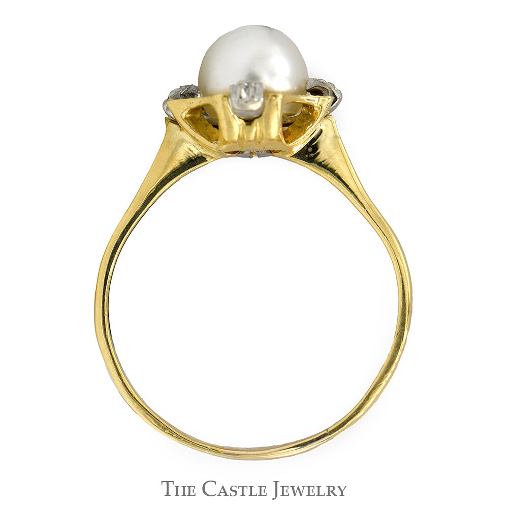 Pearl Ring with Diamond Accents and Textured Bezel in 18k Yellow Gold