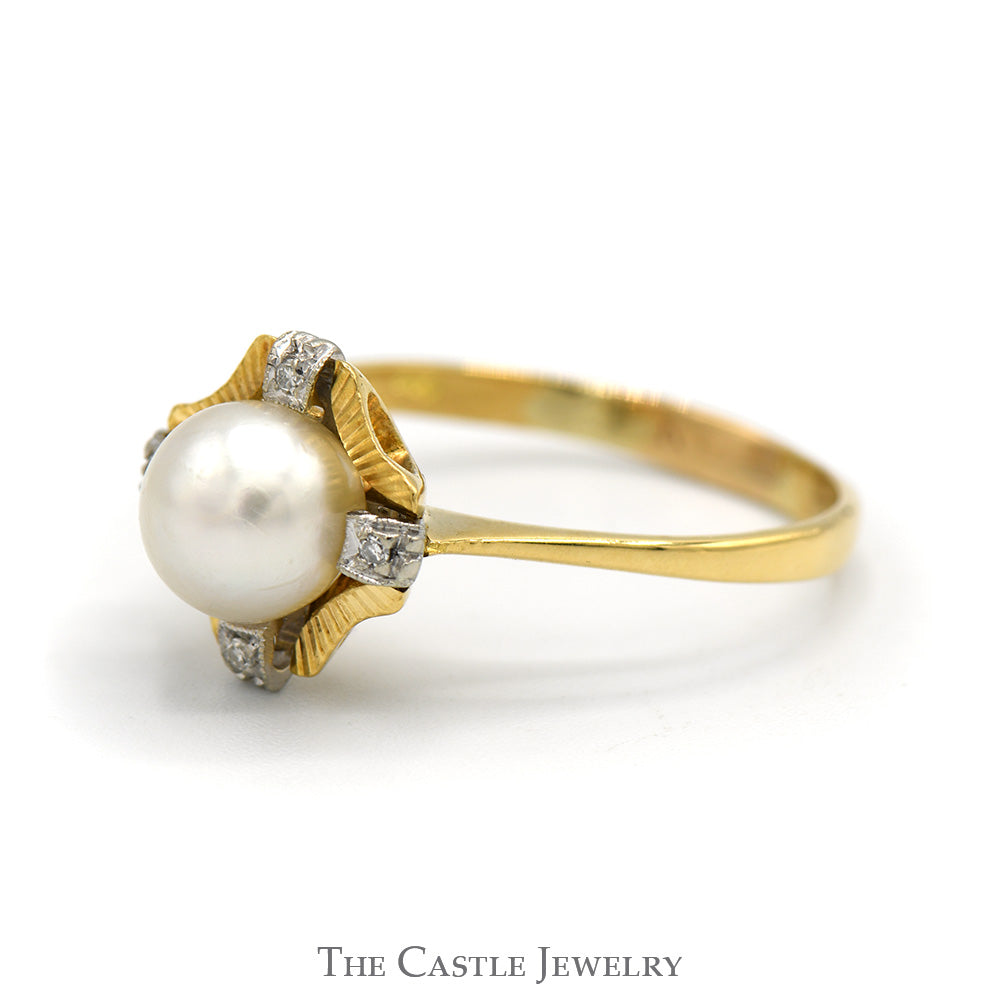 Pearl Ring with Diamond Accents and Textured Bezel in 18k Yellow Gold