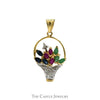 Marquise Cut Sapphire, Ruby & Emerald Floral Basket Pendant with Round Diamond Accents in 10k Yellow Gold - Thumbnail 1