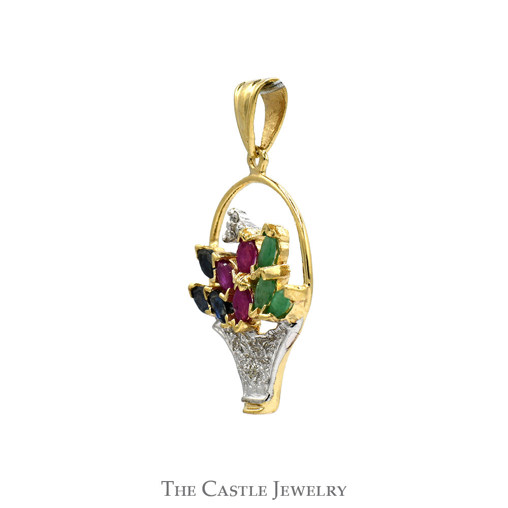 Marquise Cut Sapphire, Ruby & Emerald Floral Basket Pendant with Round Diamond Accents in 10k Yellow Gold