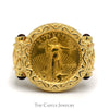 Liberty Coin Ring with Garnet Accents and Ornate Scroll Design in 14k Yellow Gold - Thumbnail 1