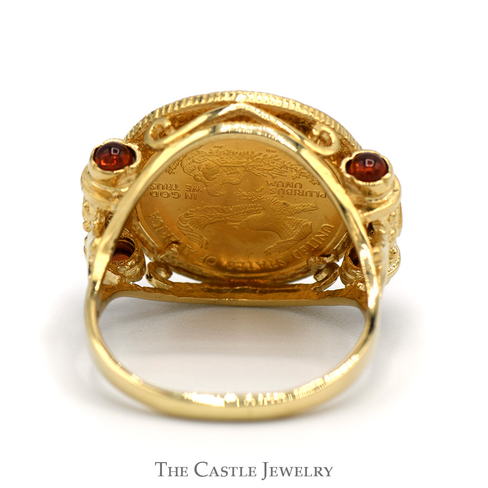Liberty Coin Ring with Garnet Accents and Ornate Scroll Design in 14k Yellow Gold