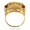 Liberty Coin Ring with Garnet Accents and Ornate Scroll Design in 14k Yellow Gold - Thumbnail 3