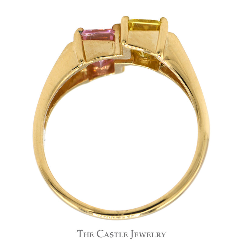Emerald Cut Pink Ice and Lemon Ice Bypass Ring with Split Shank Sides in 14k Yellow Gold