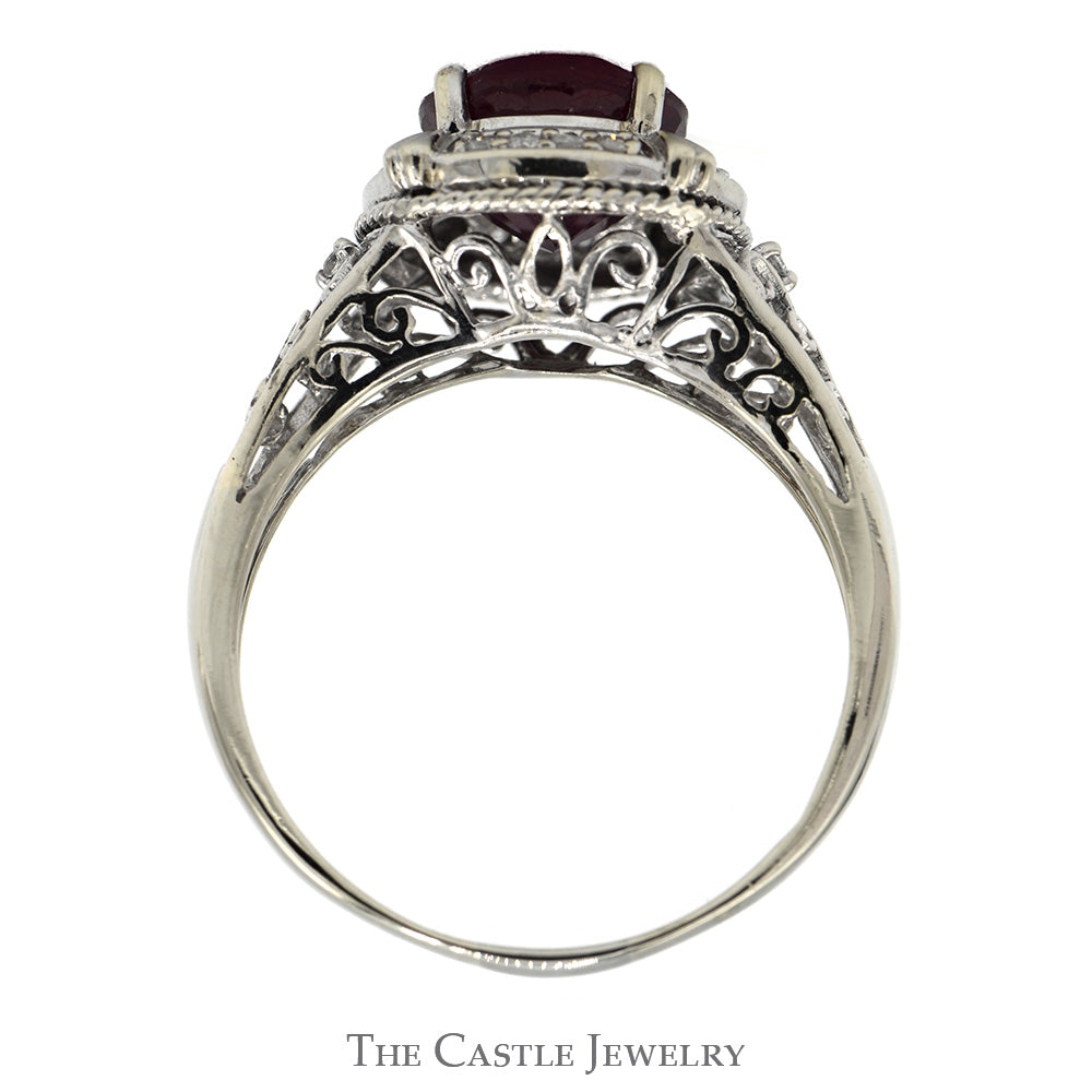 Round Ruby Ring with Diamond Bezel and Scrollwork Sides in 10k White Gold