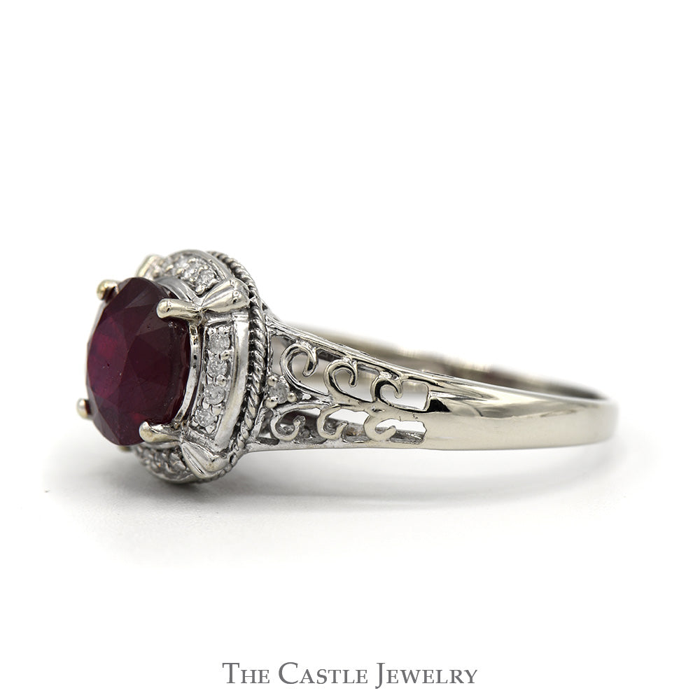 Round Ruby Ring with Diamond Bezel and Scrollwork Sides in 10k White Gold