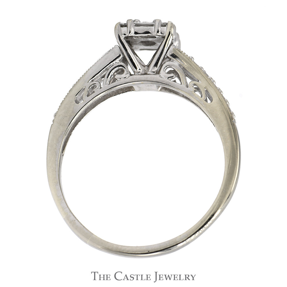 1/2cttw Square Shaped Baguette & Round Diamond Cluster Engagement Ring with Accents in 14k White Gold