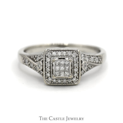 Invisiset Princess Cut Diamond Cluster Engagement Ring with Diamond Halo and Accented Sides in 14k White Gold