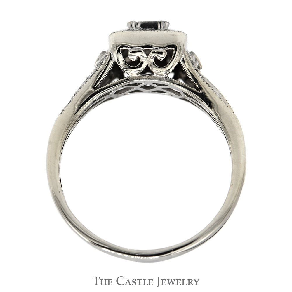 Invisiset Princess Cut Diamond Cluster Engagement Ring with Diamond Halo and Accented Sides in 14k White Gold