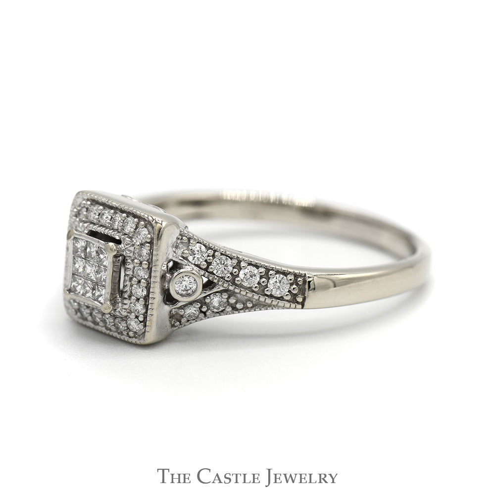 Invisiset Princess Cut Diamond Cluster Engagement Ring with Diamond Halo and Accented Sides in 14k White Gold