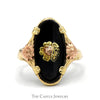 Oval Cut Black Onyx Shield Ring with Two Tone Floral Design in 10k Yellow Gold - Thumbnail 1