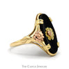 Oval Cut Black Onyx Shield Ring with Two Tone Floral Design in 10k Yellow Gold - Thumbnail 3