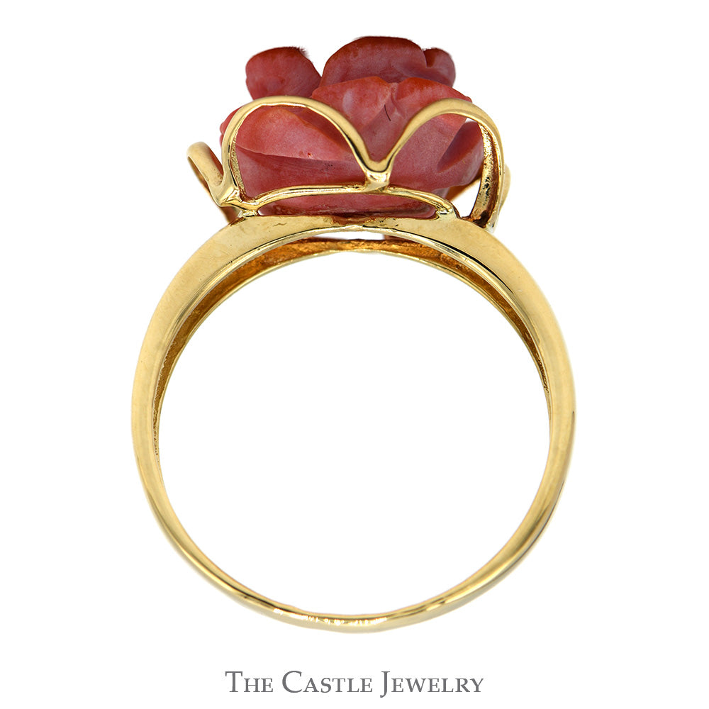 Carved Coral Rose Ring in 14k Yellow Gold