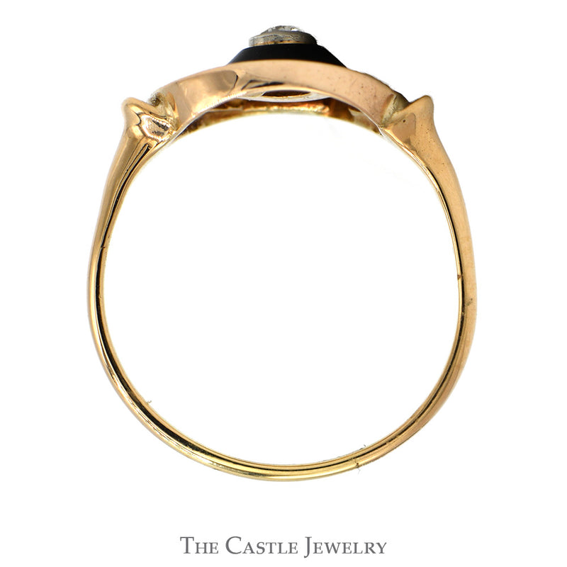 Old Mine Cut Diamond Circular Shield Ring with Black Onyx Accent in 14k Yellow Gold