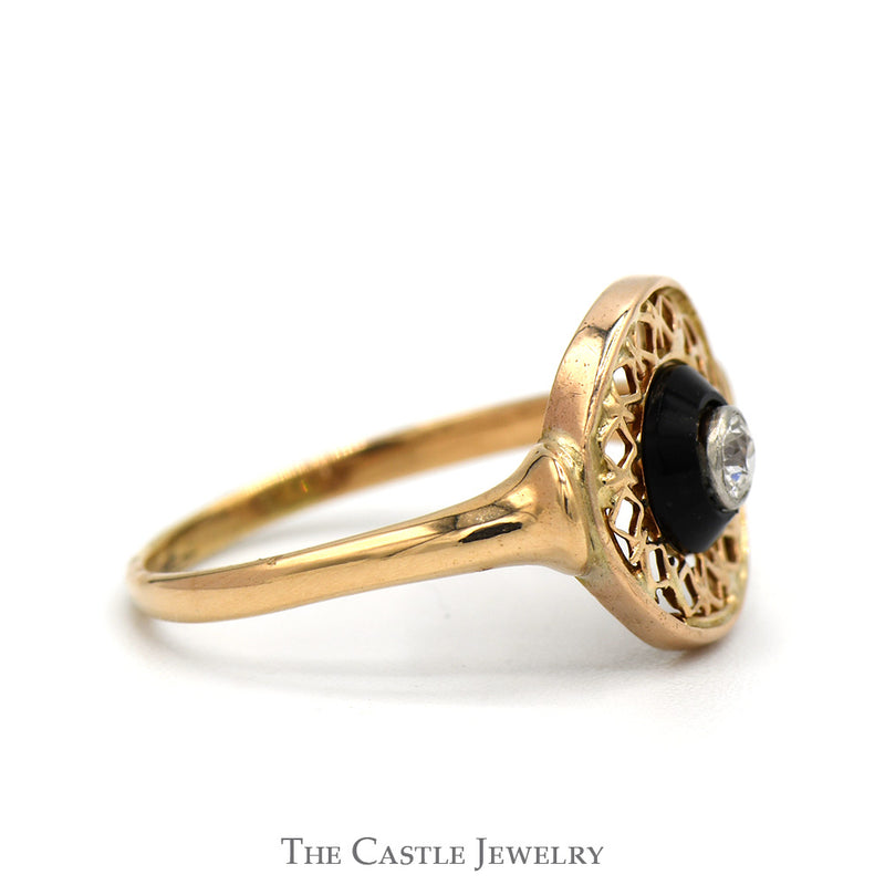 Old Mine Cut Diamond Circular Shield Ring with Black Onyx Accent in 14k Yellow Gold