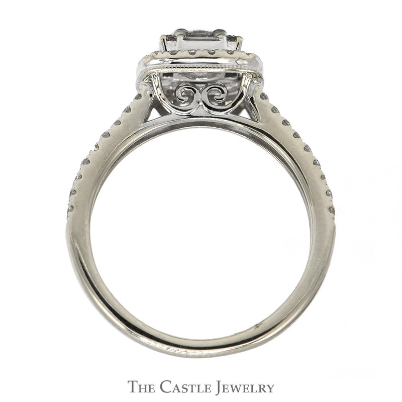 1cttw Round & Baguette Diamond Cluster Ring with Diamond Halo and Accented Split Shank Sides in 14k White Gold