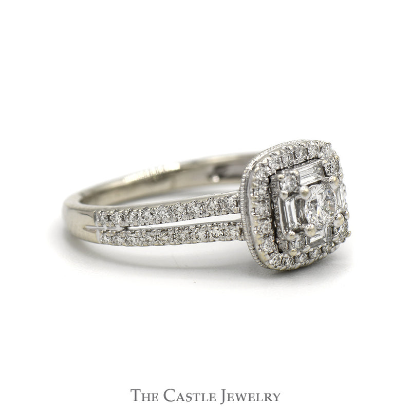 1cttw Round & Baguette Diamond Cluster Ring with Diamond Halo and Accented Split Shank Sides in 14k White Gold