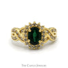 Oval Cut Emerald Ring with Diamond Halo and Channel Set Diamond Accented Twisted Sides in 14k Yellow Gold - Thumbnail 1
