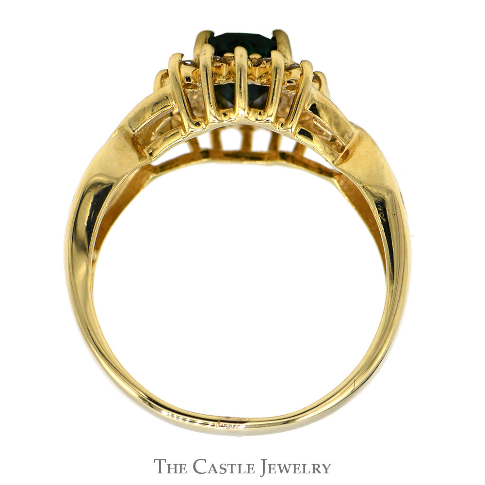 Oval Cut Emerald Ring with Diamond Halo and Channel Set Diamond Accented Twisted Sides in 14k Yellow Gold