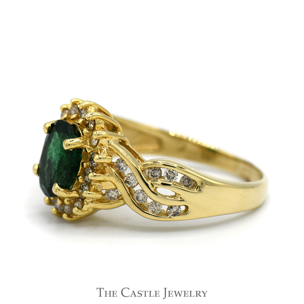 Oval Cut Emerald Ring with Diamond Halo and Channel Set Diamond Accented Twisted Sides in 14k Yellow Gold