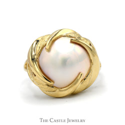 Mabe Pearl Ring with Swirled Bezel and Split Shank Sides in 14k Yellow Gold