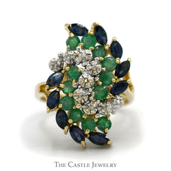 Round Diamond, Emerald and Marquise Sapphire Swirled Cluster ring in 14k Yellow Gold Split Shank Setting