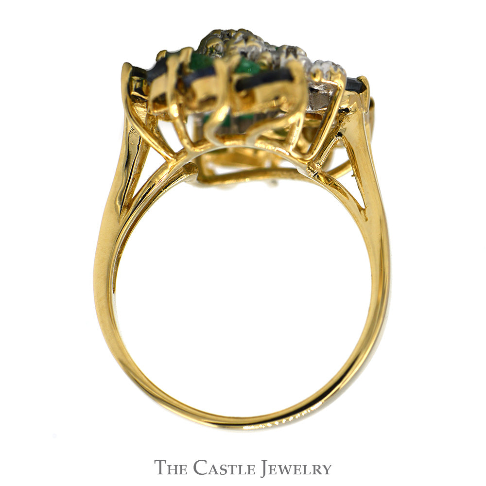 Round Diamond, Emerald and Marquise Sapphire Swirled Cluster ring in 14k Yellow Gold Split Shank Setting