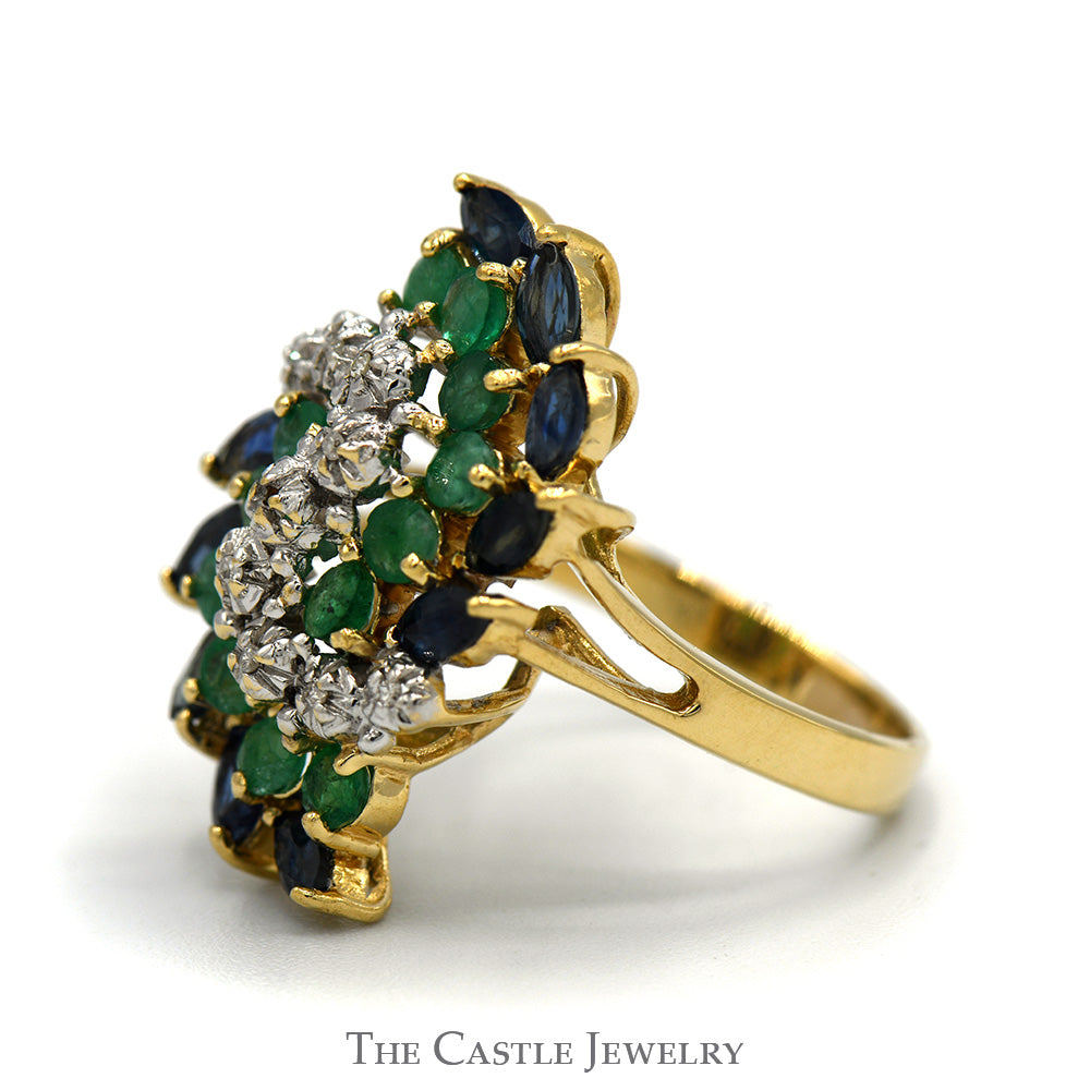 Round Diamond, Emerald and Marquise Sapphire Swirled Cluster ring in 14k Yellow Gold Split Shank Setting