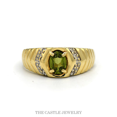 10k yellow gold oval peridot ring with diamond accents — top view