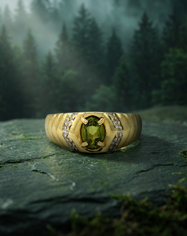 Oval Peridot Ring with Diamond Accents and Ridged Sides in 10k Yellow Gold