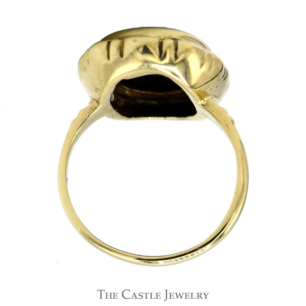 Oval Black Onyx Shield Ring with Diamond Accent and Scalloped Bezel in 10k Yellow Gold