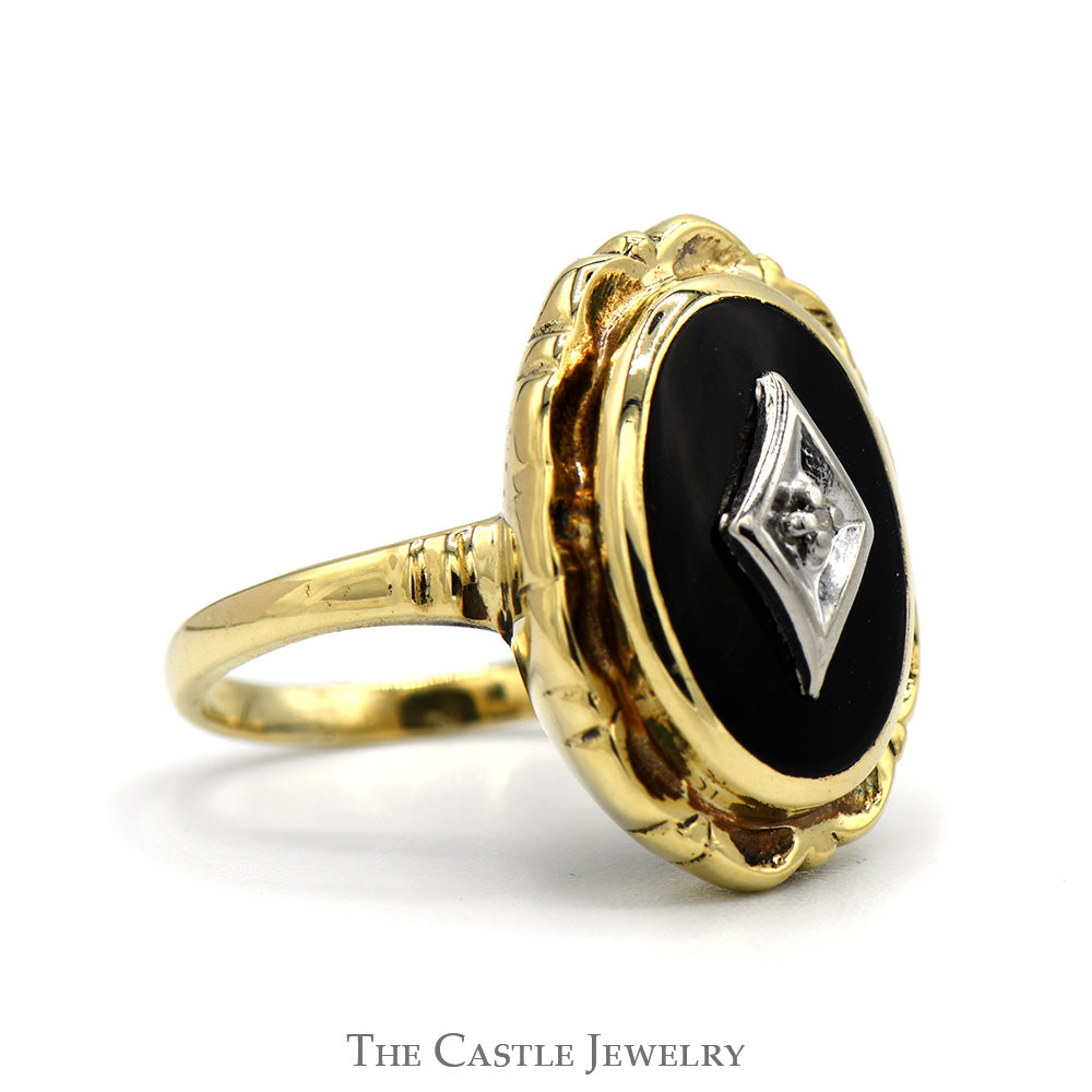 Oval Black Onyx Shield Ring with Diamond Accent and Scalloped Bezel in 10k Yellow Gold