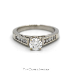 Round Diamond Solitaire Engagement Ring with Channel Set Diamond Accented Sides in 14k White Gold