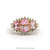 Three Stone Oval Pink Topaz Ring with Diamond Edges in 14k Yellow Gold - Thumbnail 1